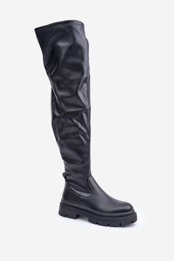 Black Heel Boots in Over The Knee High Boots, Thigh High Boots with Fabric, Warmers, Footbed, Upper Height, Heel Height and Platform Height