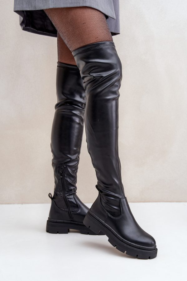 Black Heel Boots in Over The Knee High Boots, Thigh High Boots with Fabric, Warmers, Footbed, Upper Height, Heel Height and Platform Height