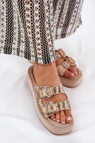 Beige Platform Sandals in Sandals & Flip-Flops For Women with Fabric, Footbed and Platform Height