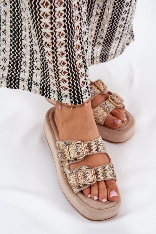Beige Platform Sandals in Sandals & Flip-Flops For Women with Fabric, Footbed and Platform Height