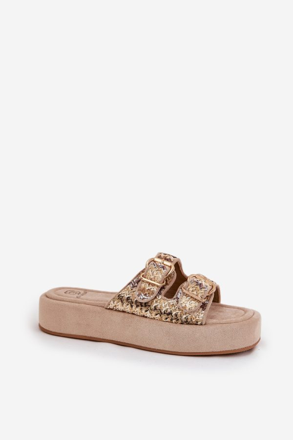 Beige Platform Sandals in Sandals & Flip-Flops For Women with Fabric, Footbed and Platform Height