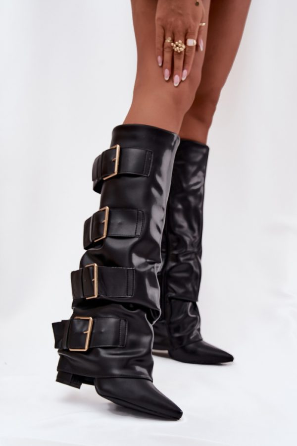 Black Heel Boots in Over The Knee High Boots, Thigh High Boots with Fabric, Footbed, Upper Height and Heel Height