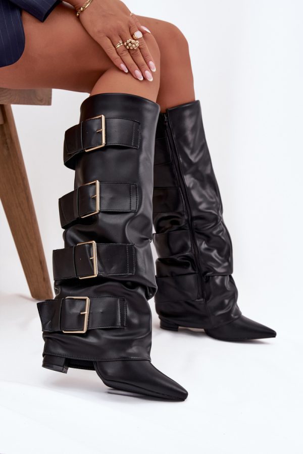 Black Heel Boots in Over The Knee High Boots, Thigh High Boots with Fabric, Footbed, Upper Height and Heel Height