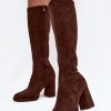 Brown Heel Boots in Over The Knee High Boots, Thigh High Boots with Fabric, Footbed, Upper Height and Heel Height