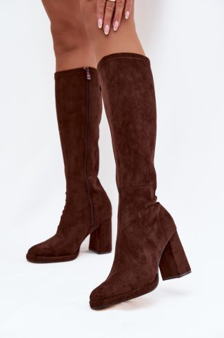 Brown Heel Boots in Over The Knee High Boots, Thigh High Boots with Fabric, Footbed, Upper Height and Heel Height