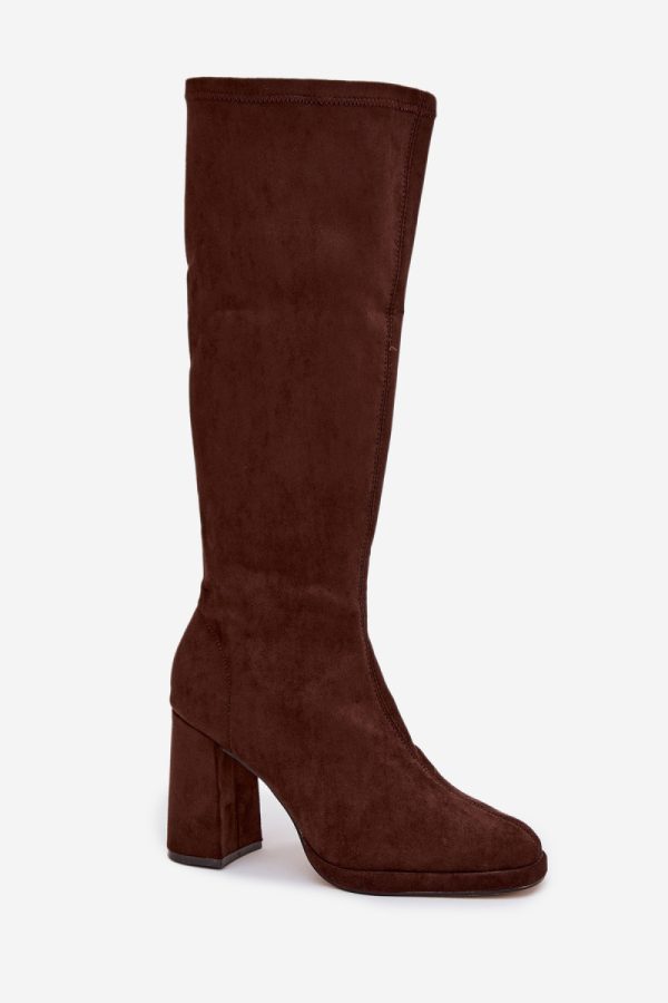 Brown Heel Boots in Over The Knee High Boots, Thigh High Boots with Fabric, Footbed, Upper Height and Heel Height