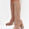 Beige Heel Boots in Over The Knee High Boots, Thigh High Boots with Fabric, Footbed, Upper Height and Heel Height