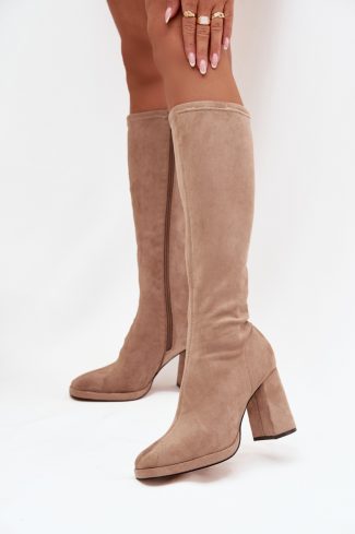 1092538.jpg Beige Heel Boots in Over The Knee High Boots, Thigh High Boots with Fabric, Footbed, Upper Height and Heel Height