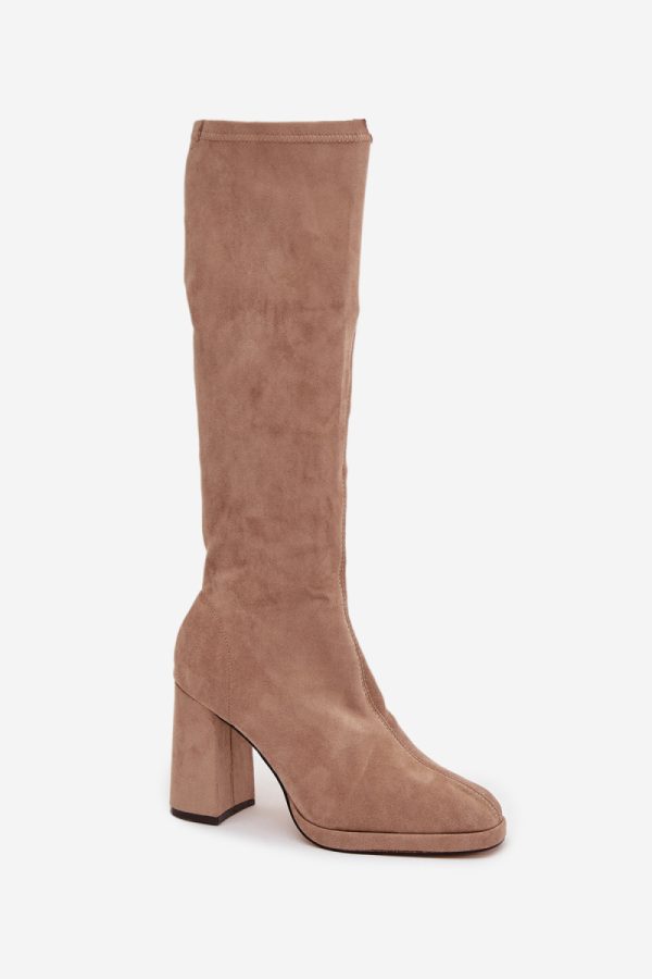 Beige Heel Boots in Over The Knee High Boots, Thigh High Boots with Fabric, Footbed, Upper Height and Heel Height