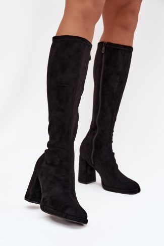 Black Heel Boots in Over The Knee High Boots, Thigh High Boots with Fabric, Footbed, Upper Height and Heel Height