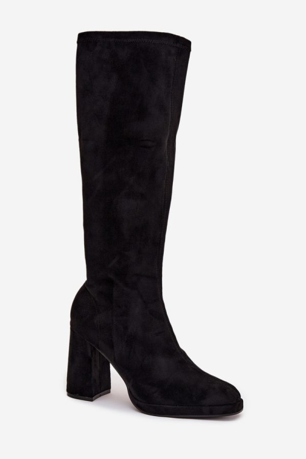 Black Heel Boots in Over The Knee High Boots, Thigh High Boots with Fabric, Footbed, Upper Height and Heel Height