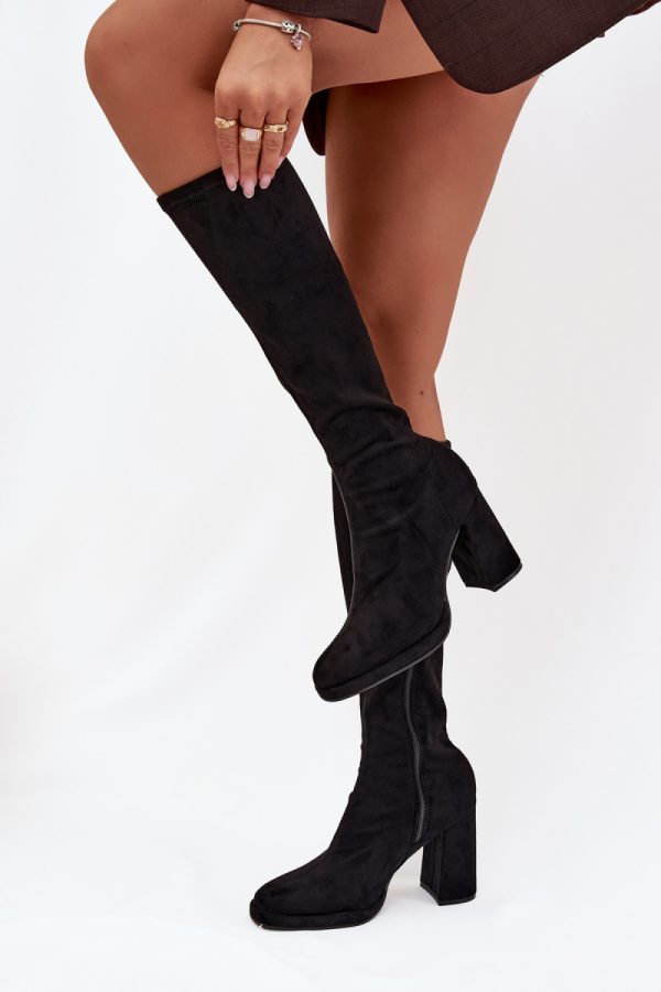 Black Heel Boots in Over The Knee High Boots, Thigh High Boots with Fabric, Footbed, Upper Height and Heel Height