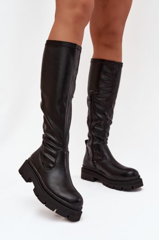 Black Thigh-Hight Boots in Over The Knee High Boots, Thigh High Boots with Fabric, Footbed, Upper Height and Platform Height