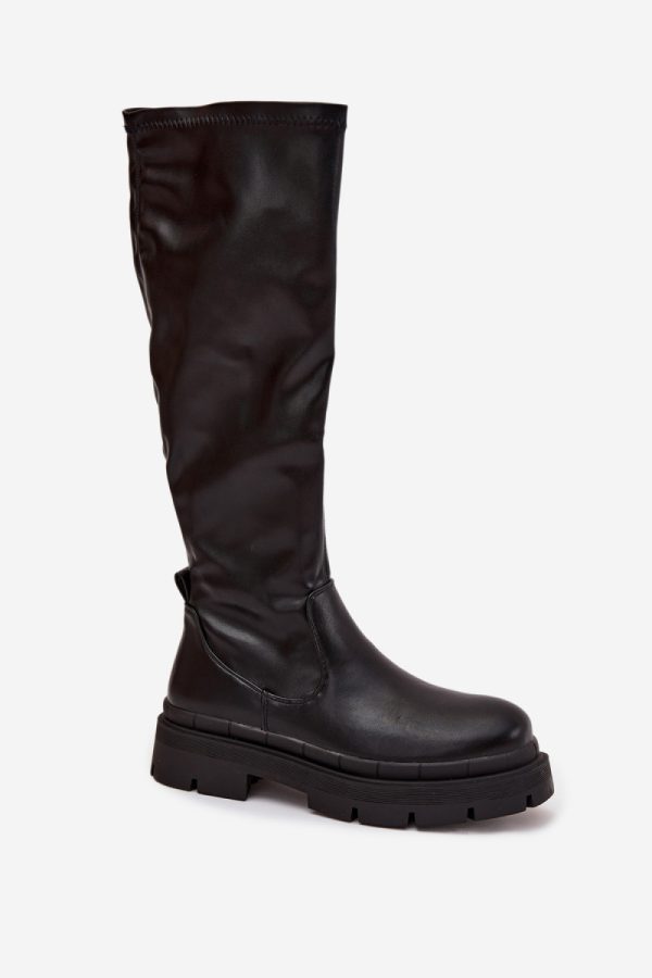 Black Thigh-Hight Boots in Over The Knee High Boots, Thigh High Boots with Fabric, Footbed, Upper Height and Platform Height