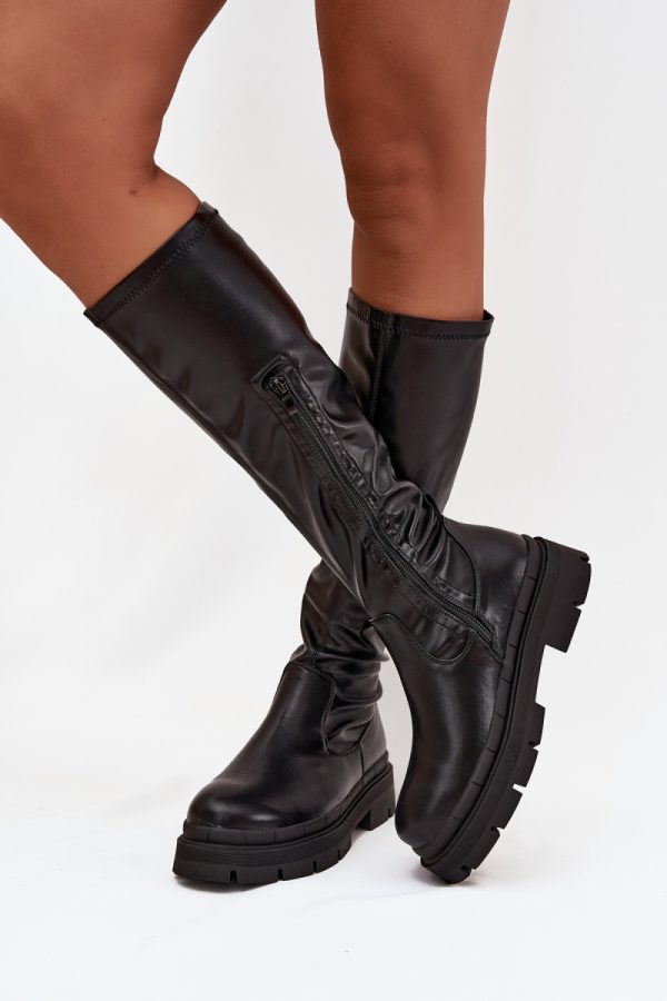 Black Thigh-Hight Boots in Over The Knee High Boots, Thigh High Boots with Fabric, Footbed, Upper Height and Platform Height