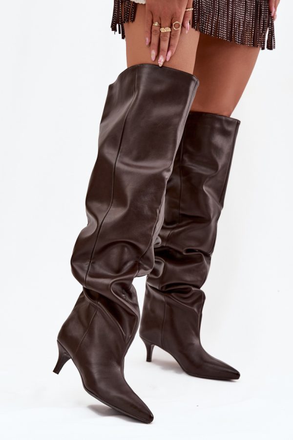 Brown Heel Boots in Over The Knee High Boots, Thigh High Boots with Fabric, Footbed, Upper Height and Heel Height
