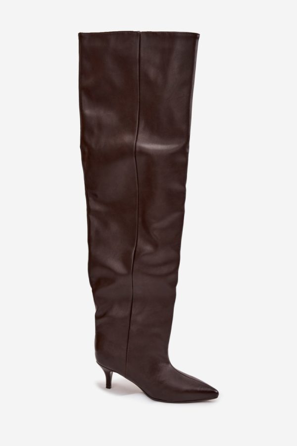 Brown Heel Boots in Over The Knee High Boots, Thigh High Boots with Fabric, Footbed, Upper Height and Heel Height