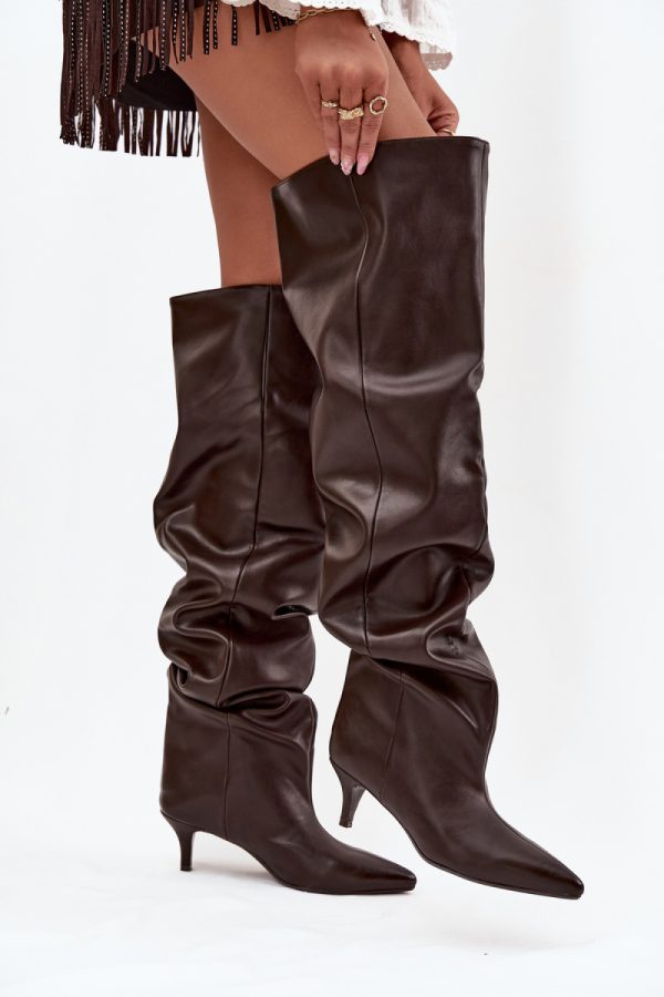 Brown Heel Boots in Over The Knee High Boots, Thigh High Boots with Fabric, Footbed, Upper Height and Heel Height