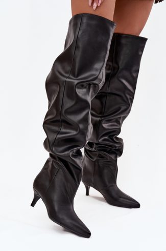 Black Heel Boots in Over The Knee High Boots, Thigh High Boots with Fabric, Footbed, Upper Height and Heel Height