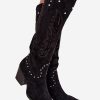 Black Heel Boots in Over The Knee High Boots, Thigh High Boots with Fabric, Footbed, Upper Height and Heel Height
