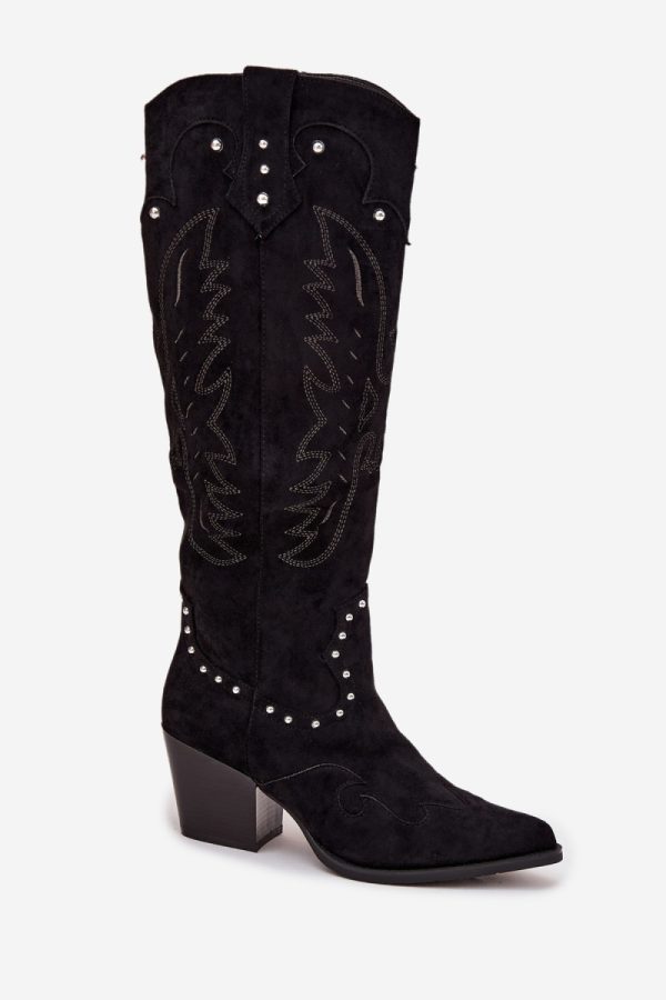 Black Heel Boots in Over The Knee High Boots, Thigh High Boots with Fabric, Footbed, Upper Height and Heel Height
