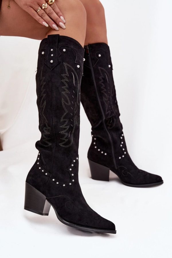 Black Heel Boots in Over The Knee High Boots, Thigh High Boots with Fabric, Footbed, Upper Height and Heel Height