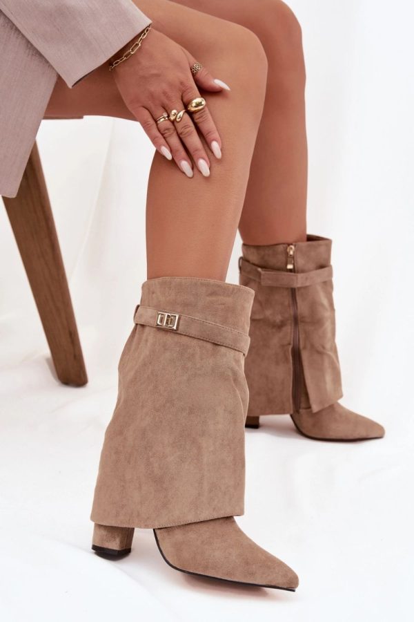 Beige Heel Boots in Women`s Ankle Boots & Booties with Fabric, Warmers, Footbed, Upper Height and Heel Height