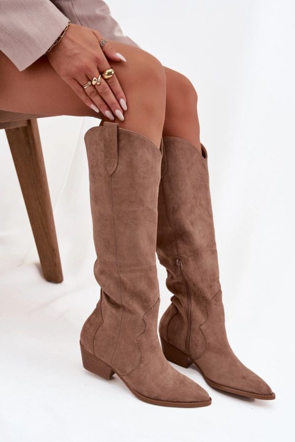 Beige Heel Boots in Over The Knee High Boots, Thigh High Boots with Fabric, Footbed, Upper Height and Heel Height