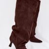Brown Heel Boots in Over The Knee High Boots, Thigh High Boots with Fabric, Footbed, Upper Height and Heel Height