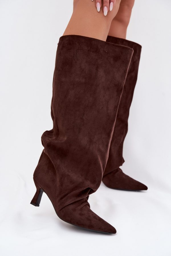Brown Heel Boots in Over The Knee High Boots, Thigh High Boots with Fabric, Footbed, Upper Height and Heel Height