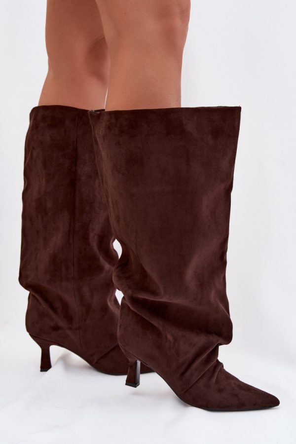 Brown Heel Boots in Over The Knee High Boots, Thigh High Boots with Fabric, Footbed, Upper Height and Heel Height