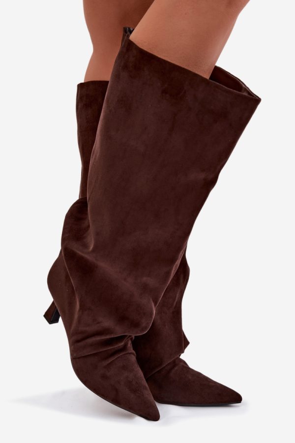 Brown Heel Boots in Over The Knee High Boots, Thigh High Boots with Fabric, Footbed, Upper Height and Heel Height