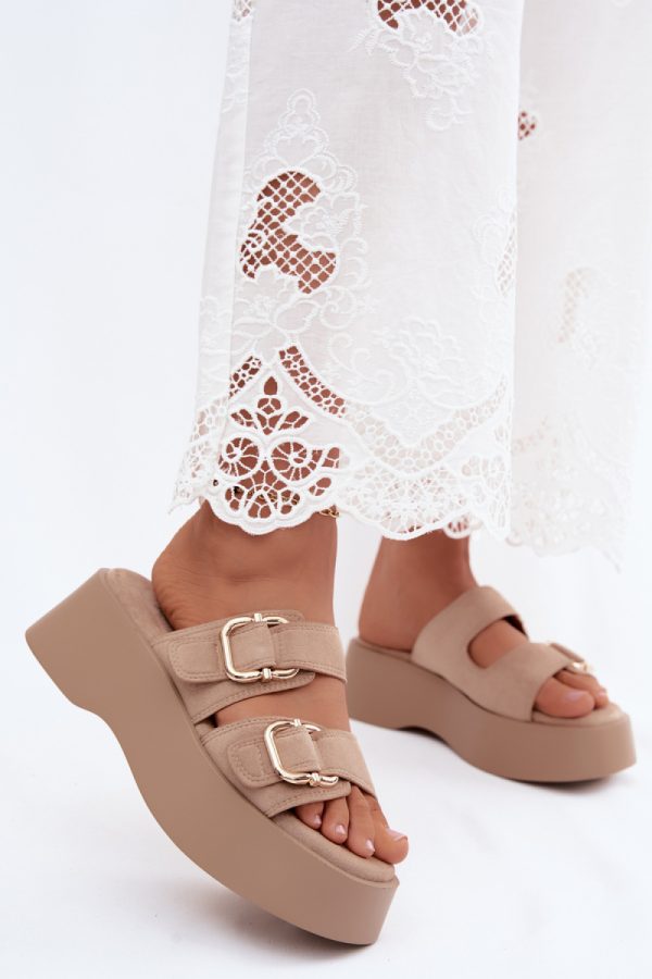 Beige Platform Sandals in Sandals & Flip-Flops For Women with Fabric, Footbed and Platform Height