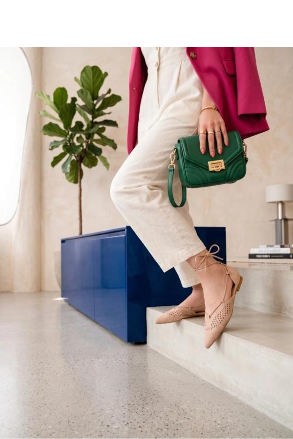 Beige Strappy Ballet Flats in Ballet Flats, Ballet Pumps For Women with Fabric, Footbed and Heel Height