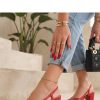 Red Block Heel Pumps in High Heel Pumps with Fabric, Footbed and Heel Height